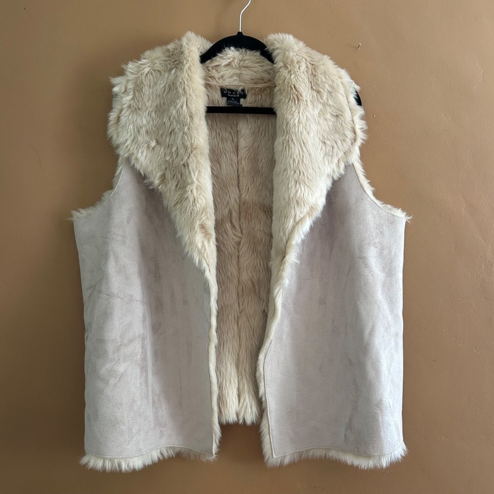 Womens Boho Western Faux Suede Fur Lined Light Beige Tan Vest - XL